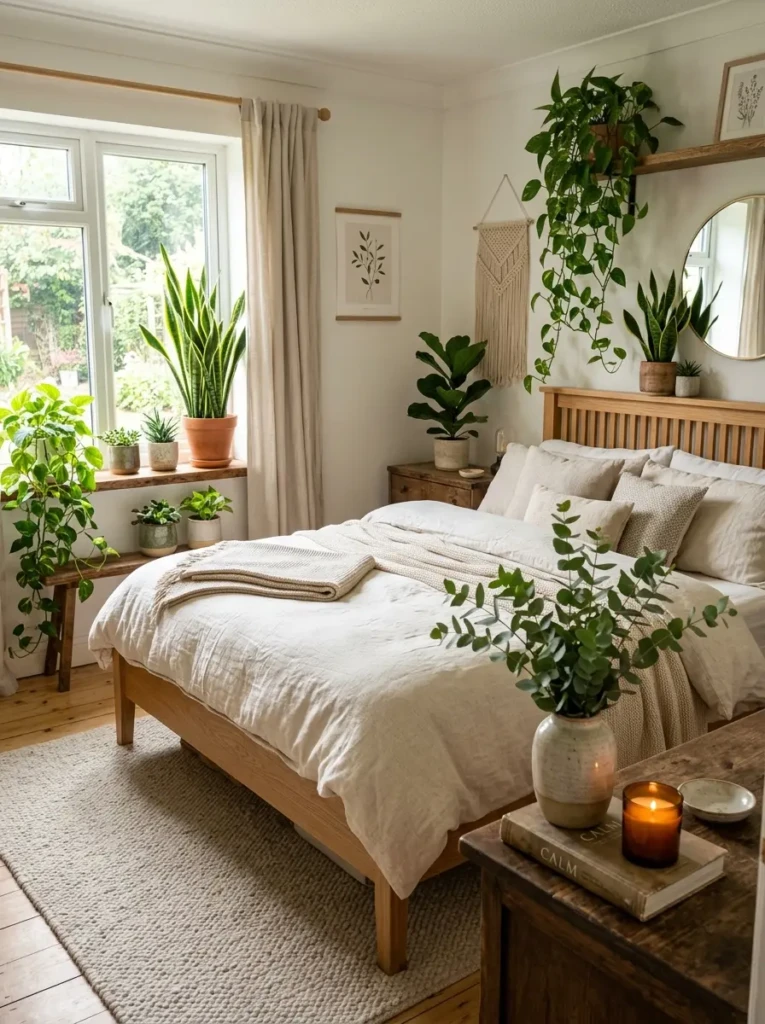 cozy bedroom aesthetic with snake plants, pothos, eucalyptus vase, and cream bedding