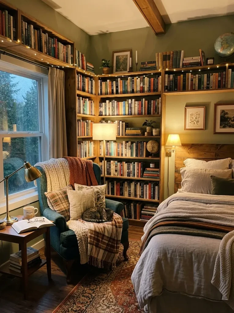 book shelves in bedroom filled with books creating cozy reading space