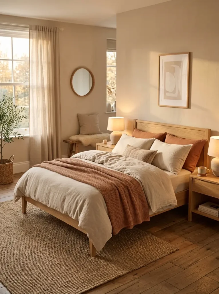 A cozy warm bedroom with soft lighting, layered bedding, and neutral tones creating a relaxing and inviting space