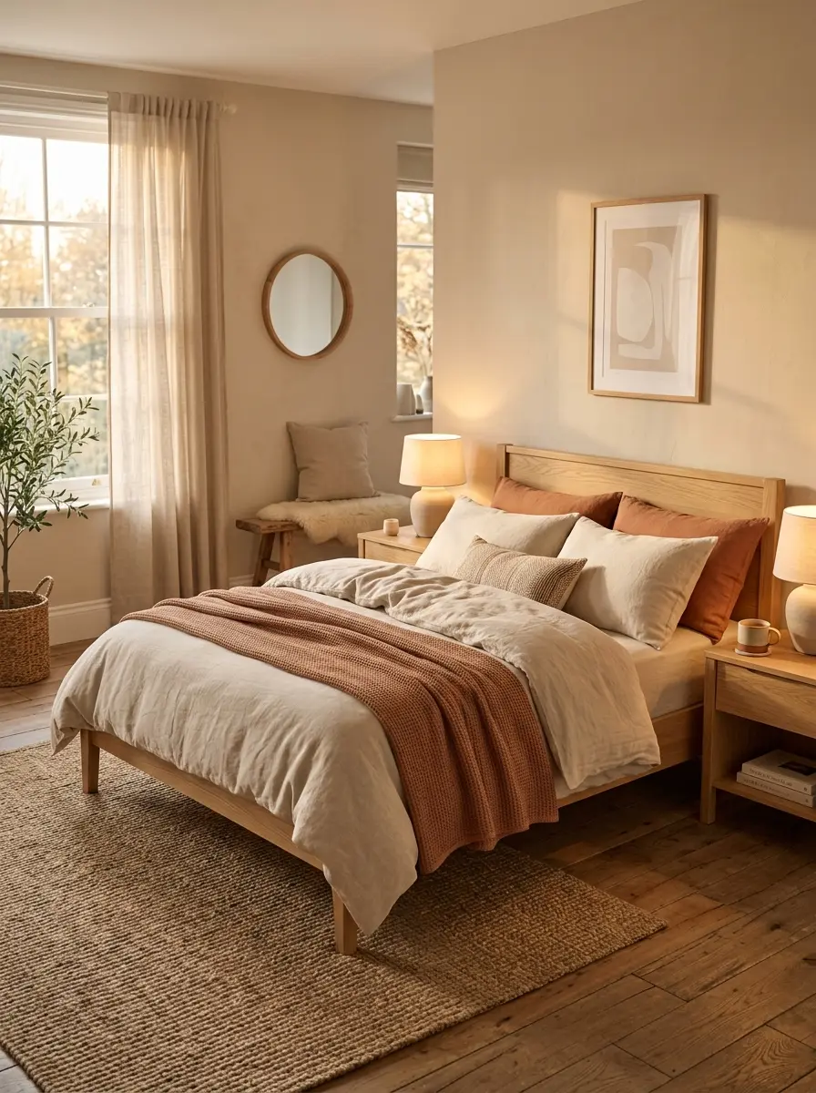 A cozy warm bedroom with soft lighting, layered bedding, and neutral tones creating a relaxing and inviting space