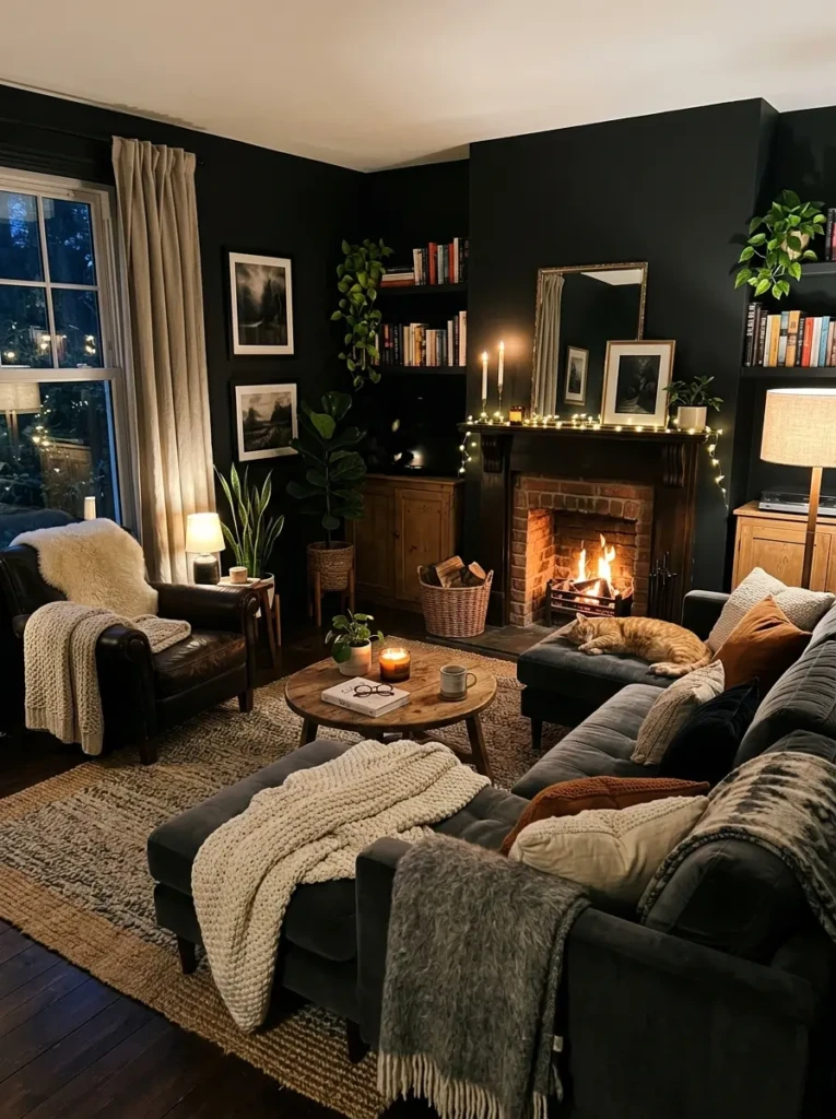 cozy black living room with soft blankets, warm lighting, and comfortable seating