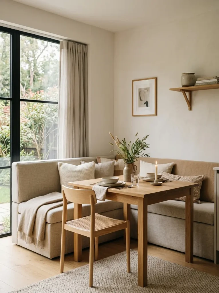 A warm and inviting dining room nook with a small table, cushioned bench seating, and soft natural lighting.