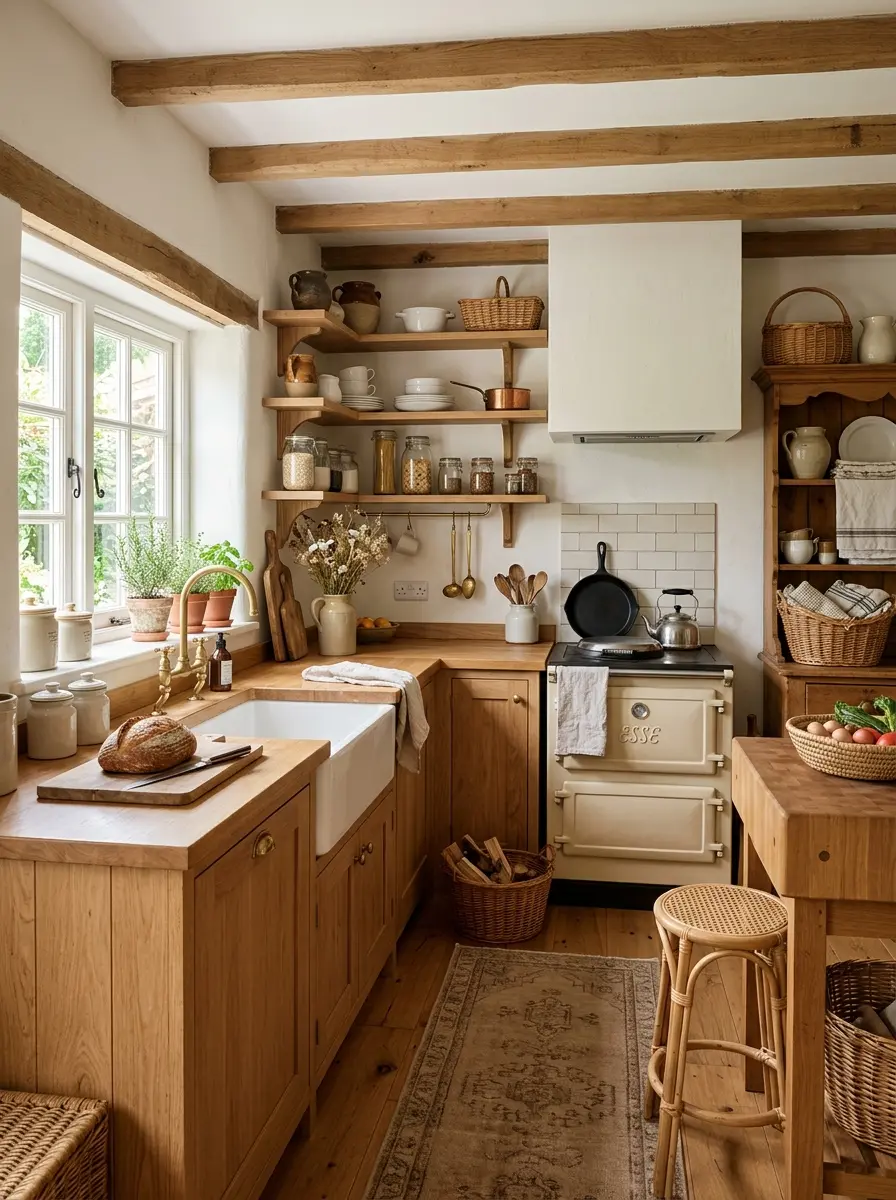 Cozy farmhouse kitchen with warm white walls, natural wood accents, and a bright small kitchen layout.