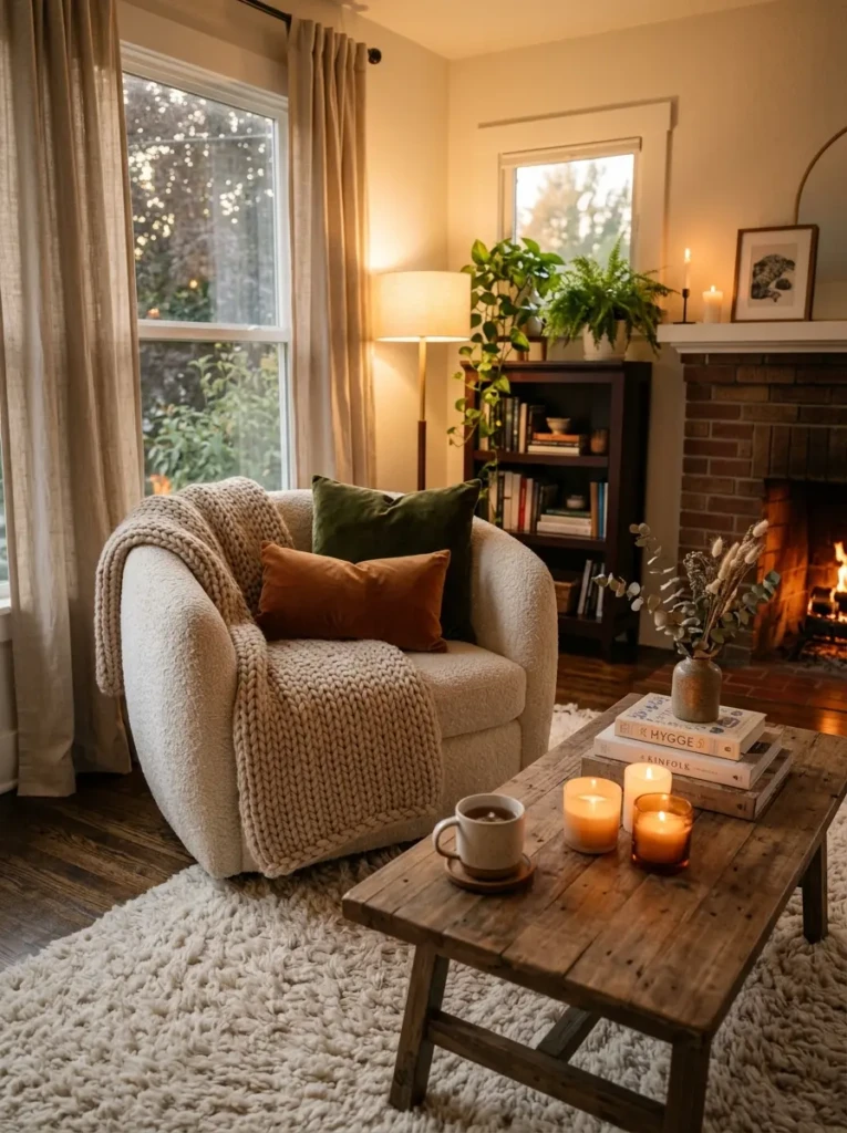 Cozy living room decor with boucle chair, knit blanket, velvet cushions, and plush rug in warm lighting