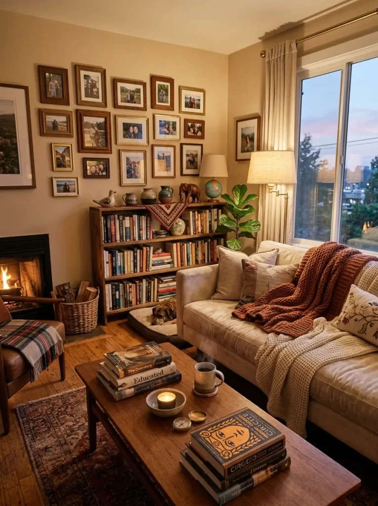 Cozy living room with family photos, books, travel souvenirs, and layered textiles creating a personal touch