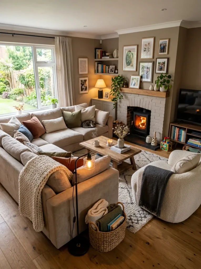 Organized living room with shelves, baskets, cabinets, books, and decorative storage accents.