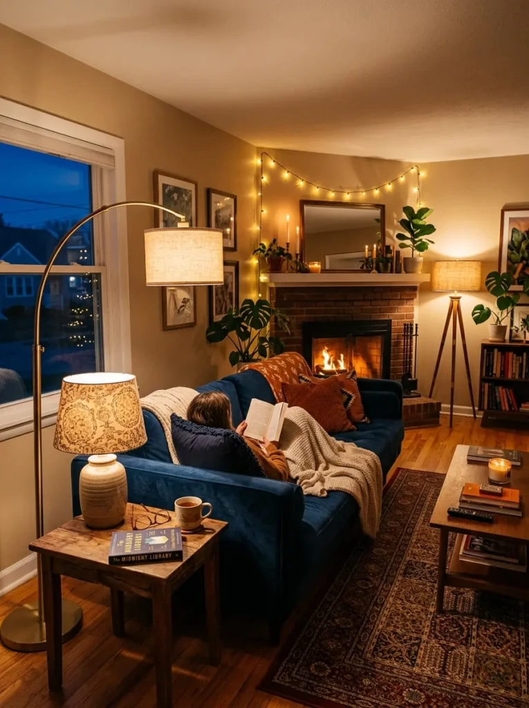 Cozy living room with a blue sofa and layered lighting from lamps and fixtures