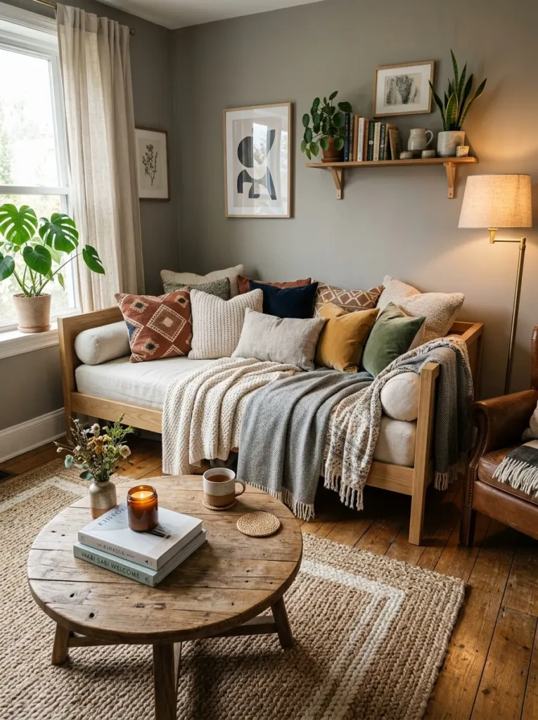 Cozy living room with a daybed styled as a couch, layered cushions and throws creating a relaxed seating area