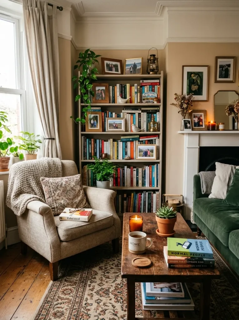 A cozy living room with personal accessories like books, candles, and photo frames.