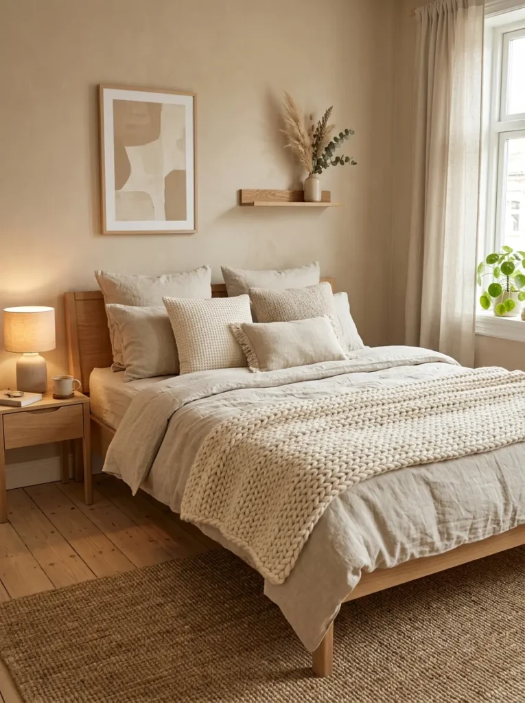 cozy minimalist bedroom with layered linen bedding, knit throw blanket, textured pillows, and warm neutral decor