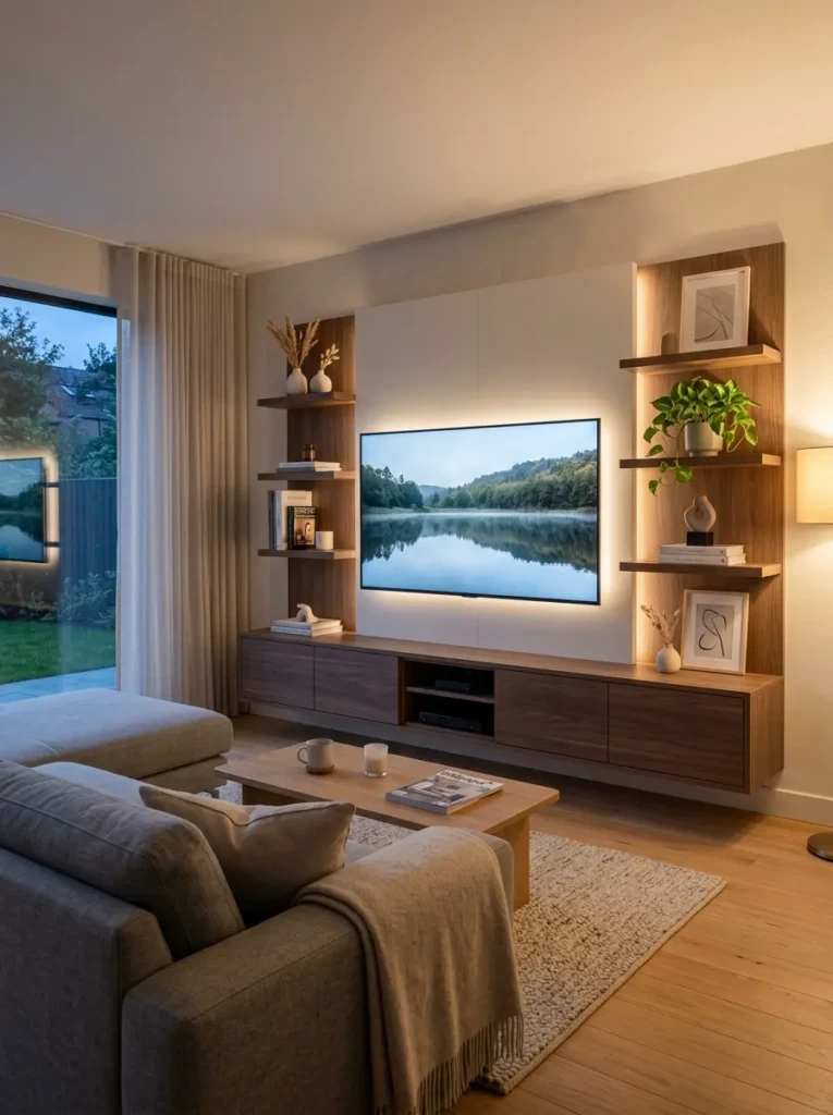 Organized media wall with hidden storage and clean cable management in a contemporary home interior