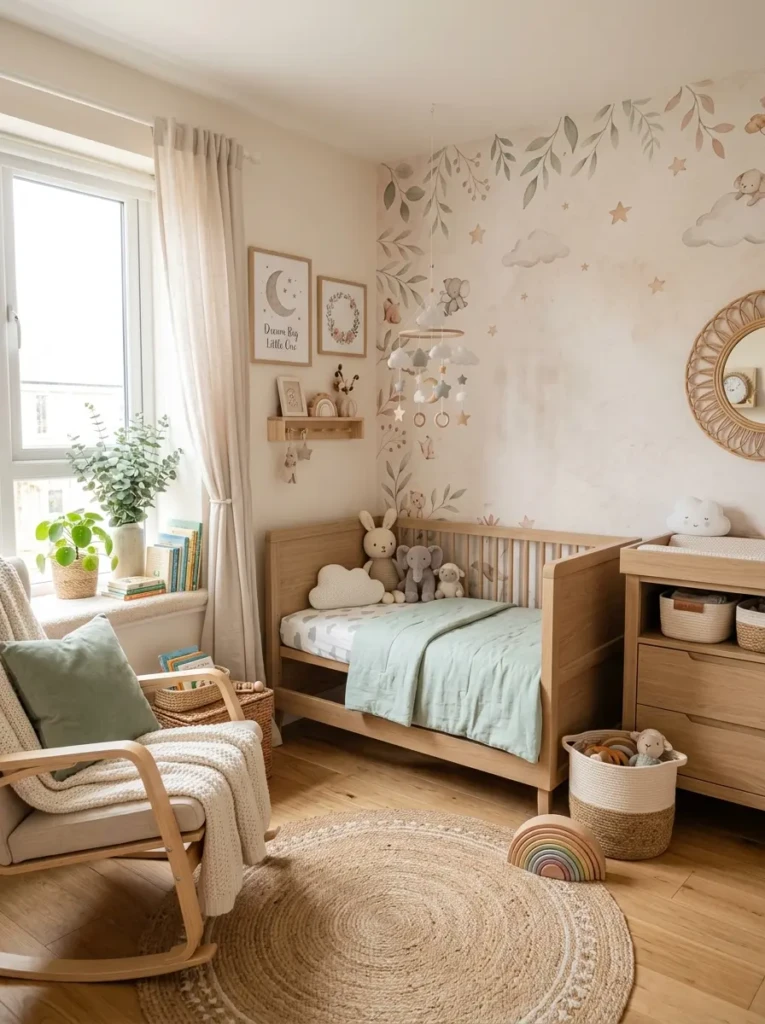 A cozy nursery with soft pastel tones, stylish wall decor, crib, and warm natural lighting creating a calming environment.