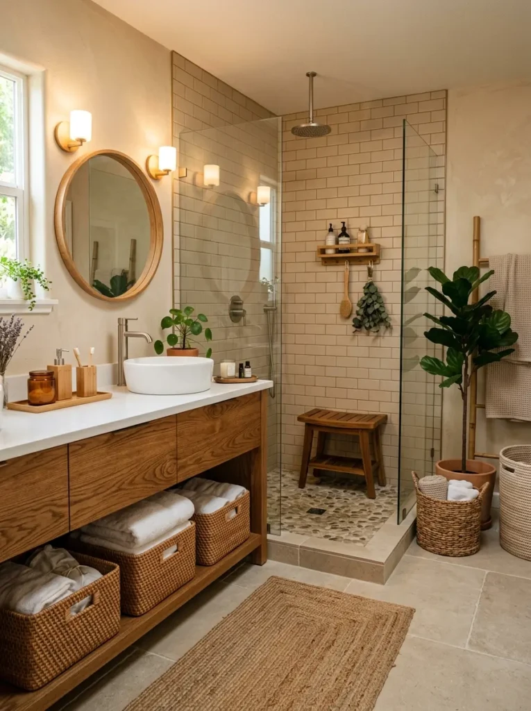 Cozy neutral bathroom featuring oak vanity, bamboo accessories, and warm earthy textures.