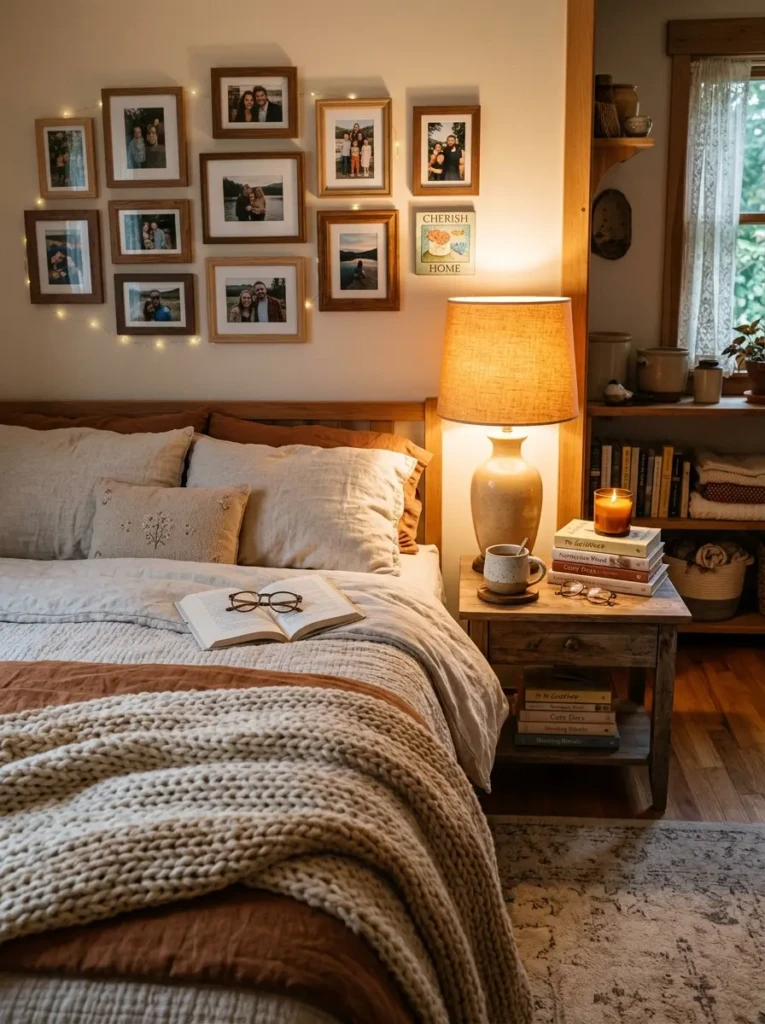 cozy bedroom with framed photos, candles, books, knit blanket, and meaningful decor accents