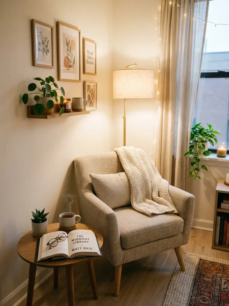 Small living room cozy reading corner with accent chair, warm lamp, side table, and throw blanket.
