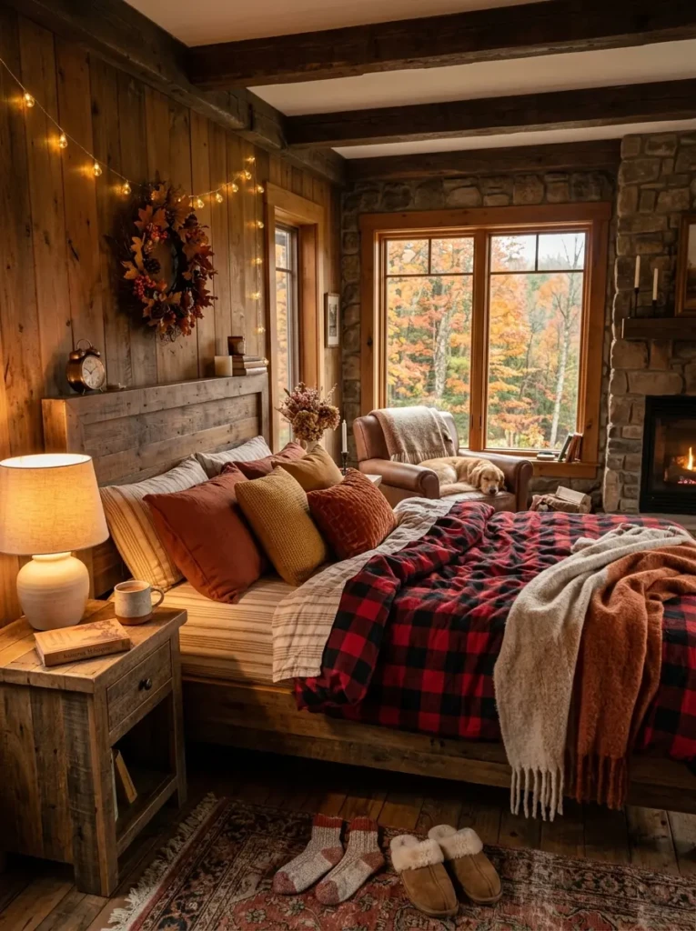 Rustic bedroom with flannel bedding, warm-toned pillows, and wooden furniture for a cozy autumn feel
