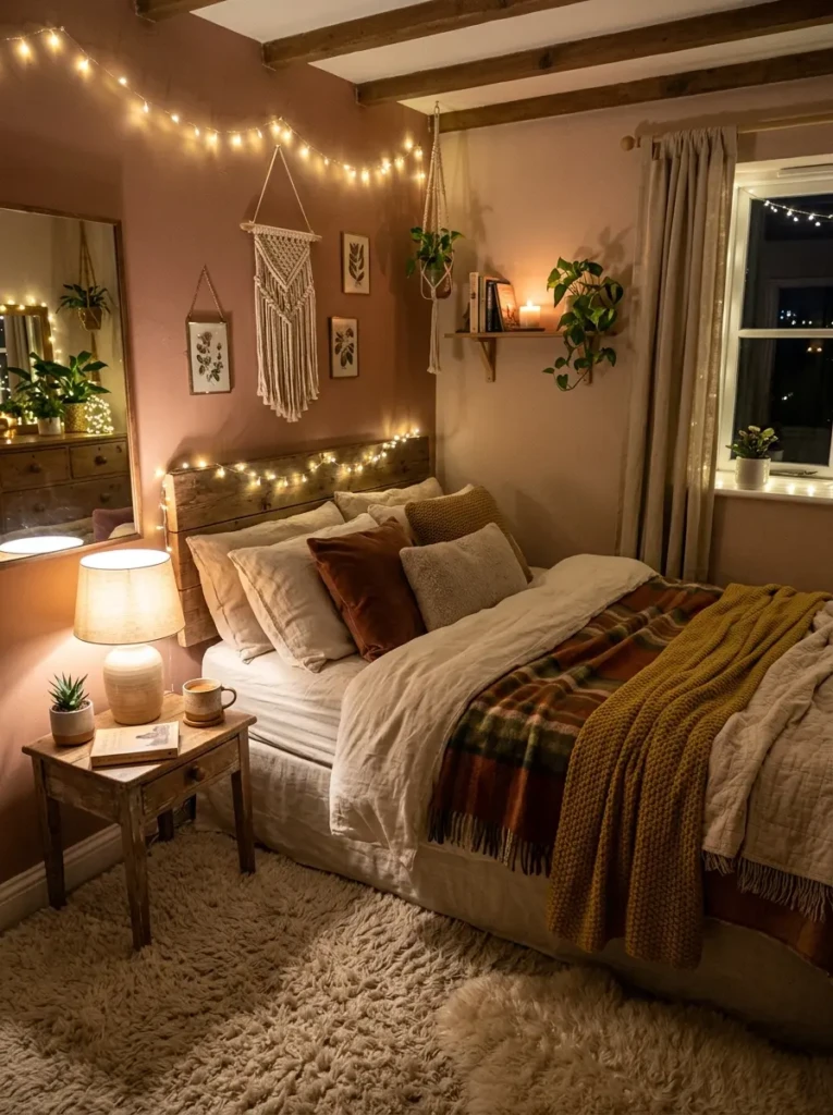 Warm and cozy small bedroom with soft blankets, layered bedding, and ambient lighting