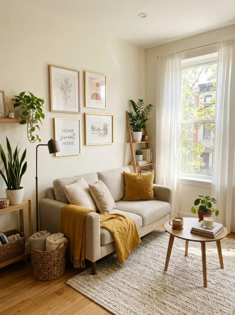 Cozy small living room decor on a budget with neutral sofa, soft rug, wall art, and warm natural lighting.