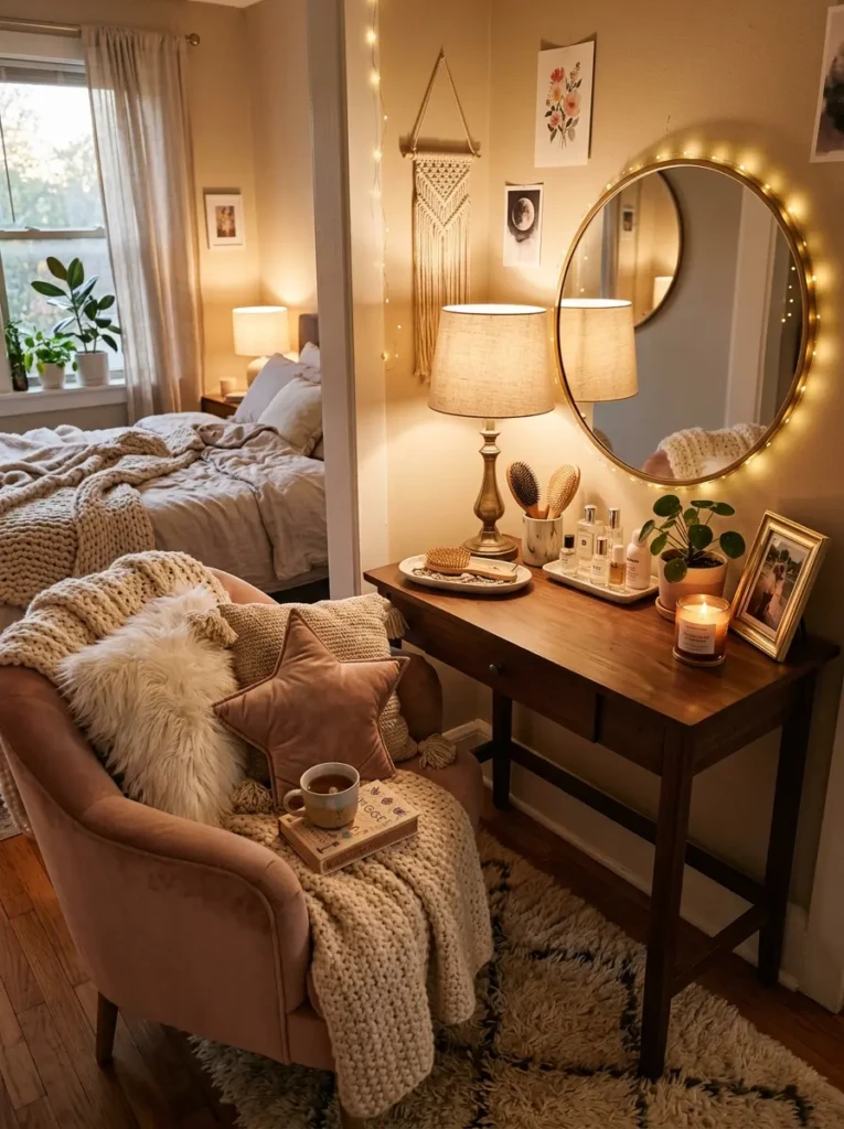Comfortable vanity corner with soft chair, cushions, and warm lighting