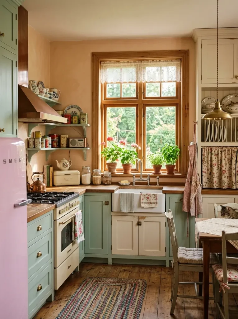A warm vintage kitchen with pastel colors, retro appliances, and soft natural lighting creating a welcoming atmosphere.