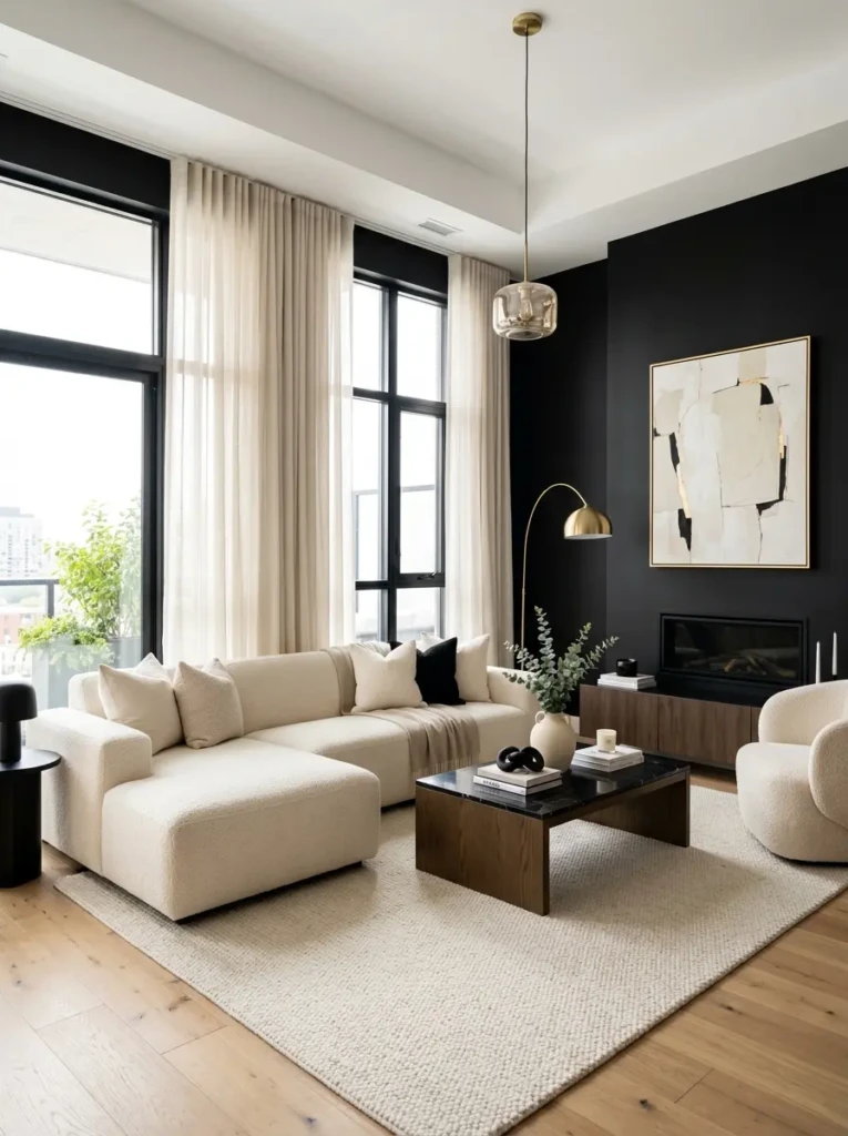 cream and black living room with light furniture and dark walls creating a soft and airy look