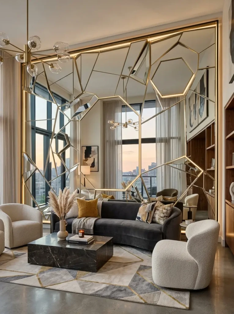 Unique custom mirror installation adding artistic and personalized touch to living room