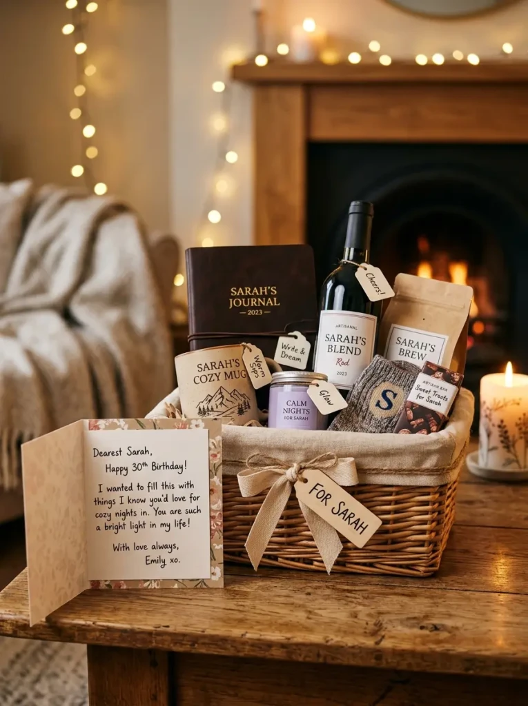 A customized gift basket with name tags, handwritten notes, and thoughtful personal items