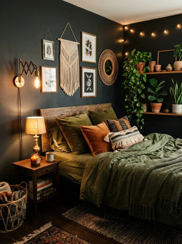 dark boho bedroom corner with charcoal wall, velvet cushions, brass lamp, and moody warm lighting