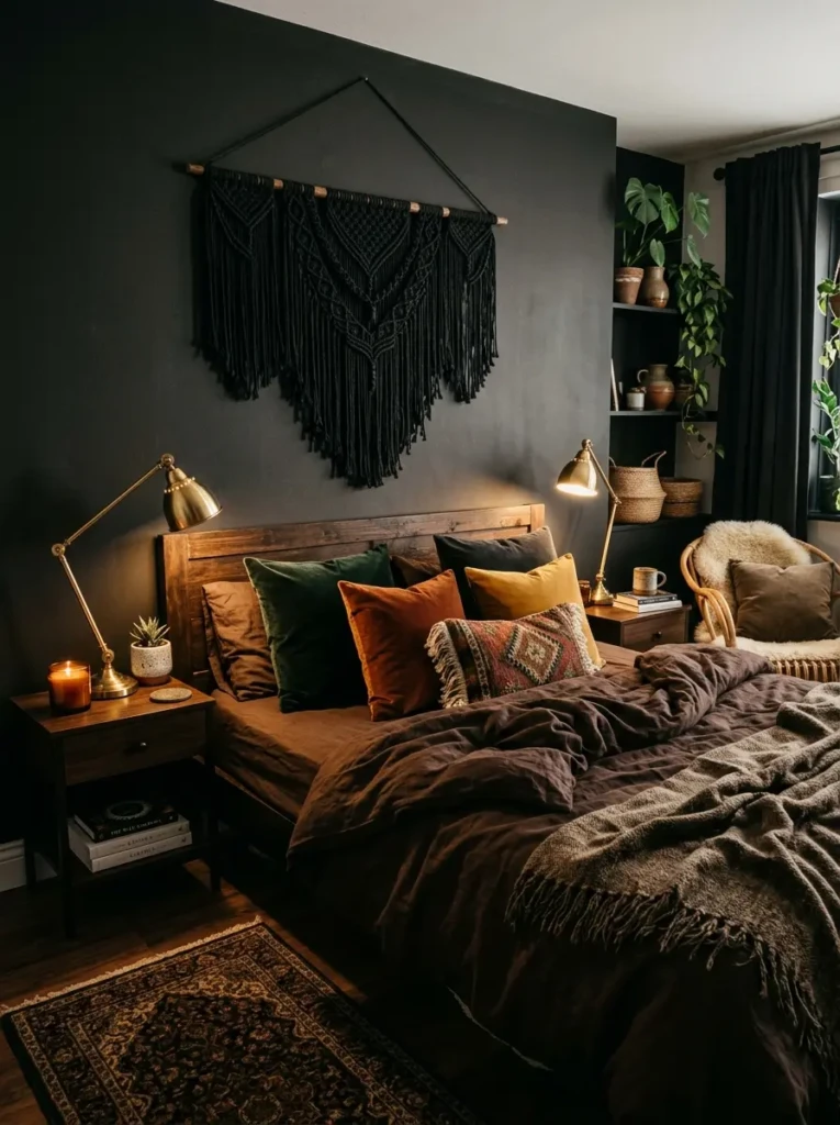 dark boho bedroom with velvet pillows, black woven wall art, deep brown bedding, and brass lighting