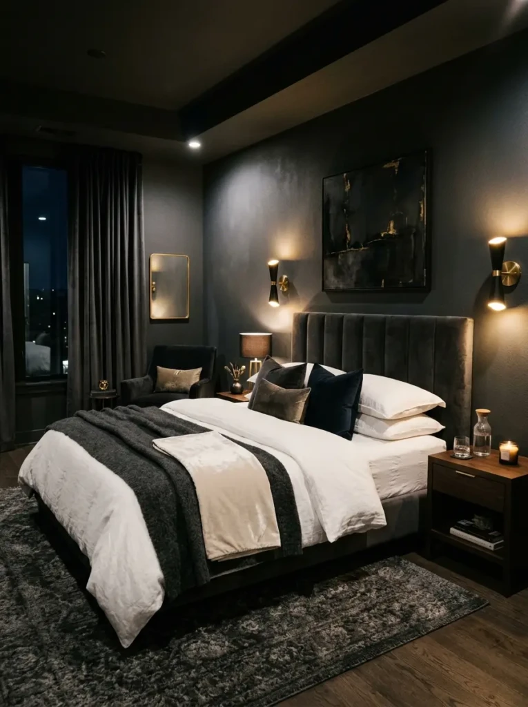 A bold dark grey bedroom with charcoal walls, white bedding, and luxurious textures