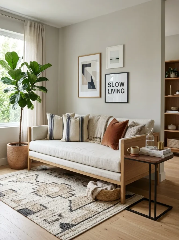 Decorated daybed area with side table, rug, plants and wall art for a balanced modern look