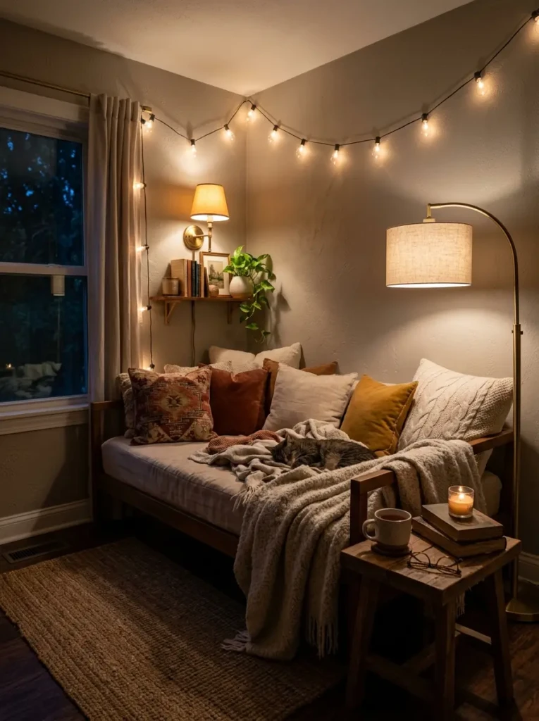 Daybed corner illuminated with warm lighting, string lights and lamps creating a relaxing ambiance