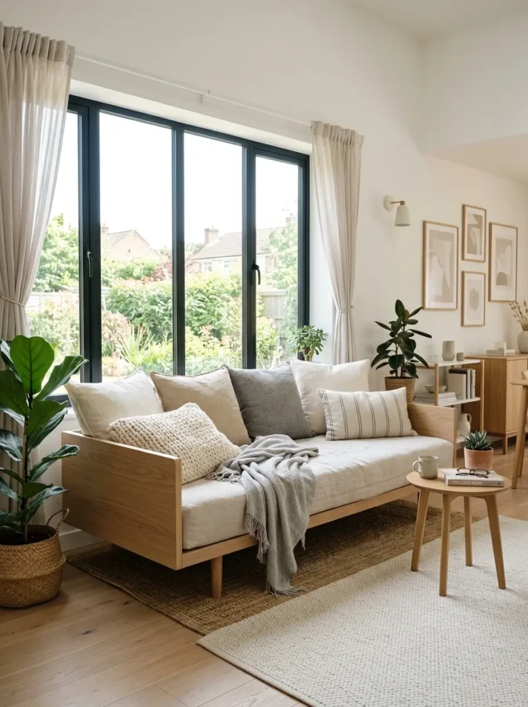 Bright modern room featuring a stylish daybed with cozy pillows and natural light, perfect example of daybed room ideas