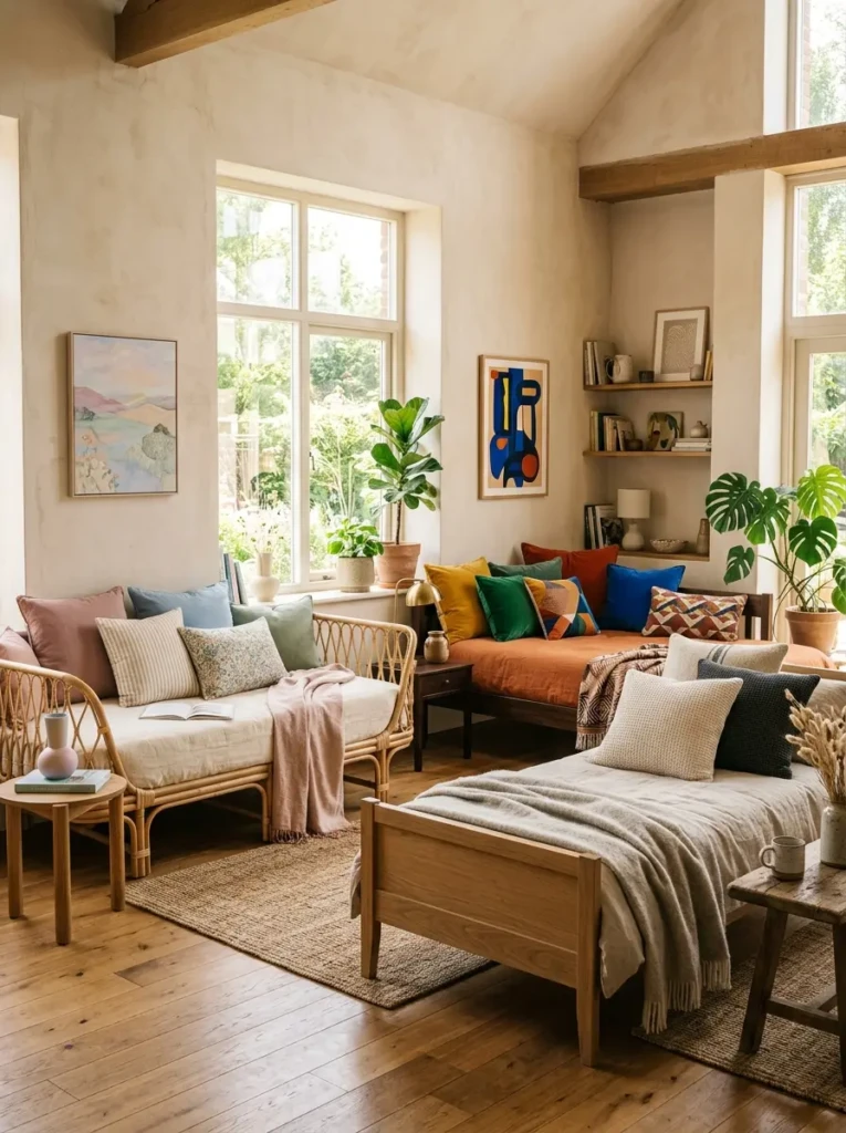 Stylish daybed setups featuring neutral, pastel and bold color palettes for different interior styles