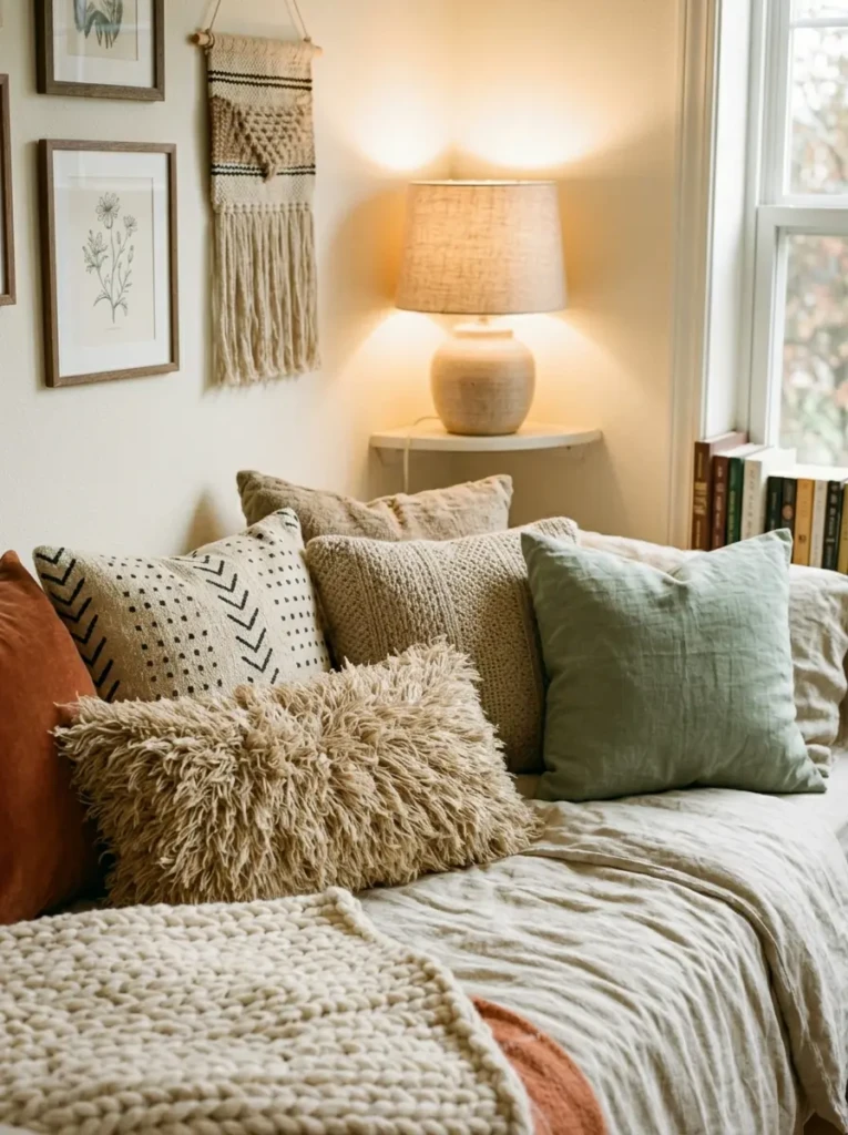 Close-up of a daybed with layered blankets, textured throws and decorative pillows for added comfort