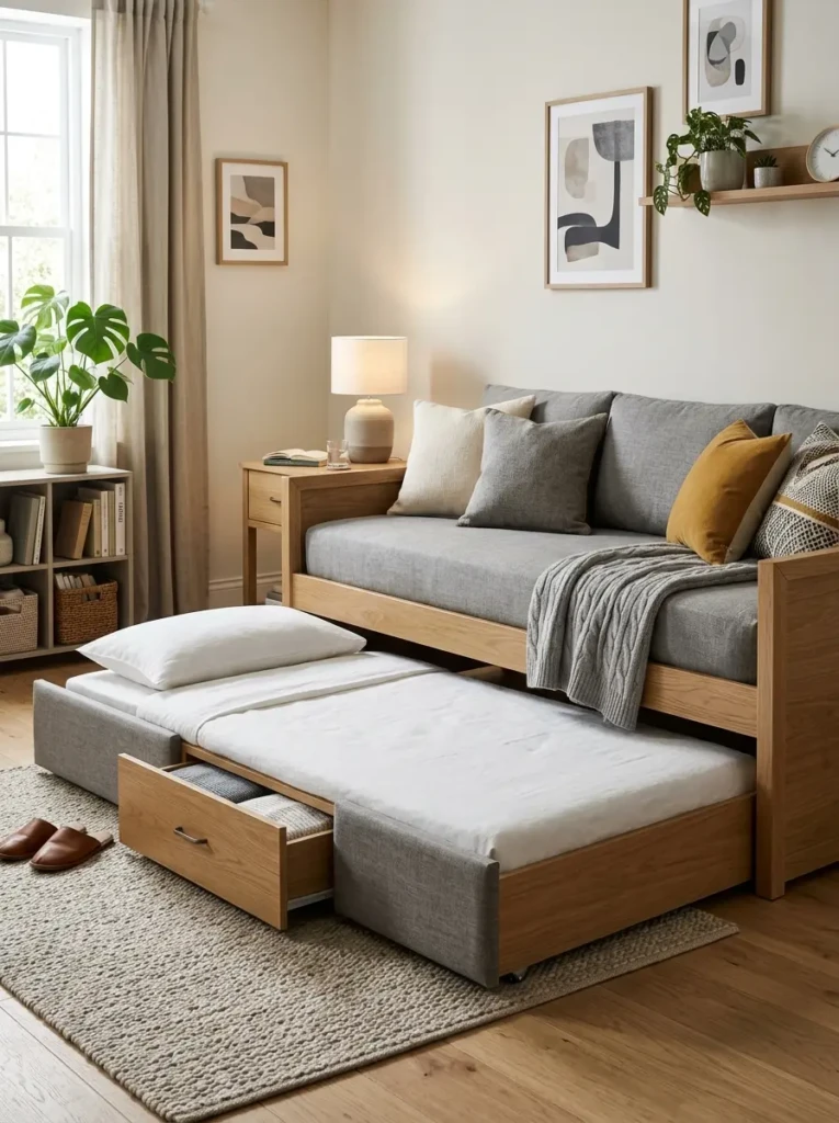 Modern daybed with built-in drawers and pull-out trundle, combining style and functionality