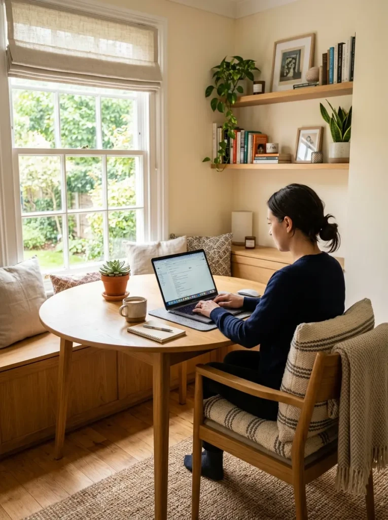 A dining nook converted into a workspace with a laptop, natural lighting, and a simple desk setup.