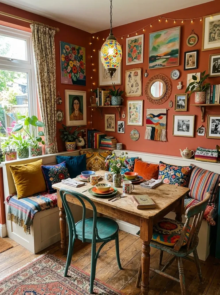 A unique dining nook with colorful cushions and personal decor reflecting individual style.
