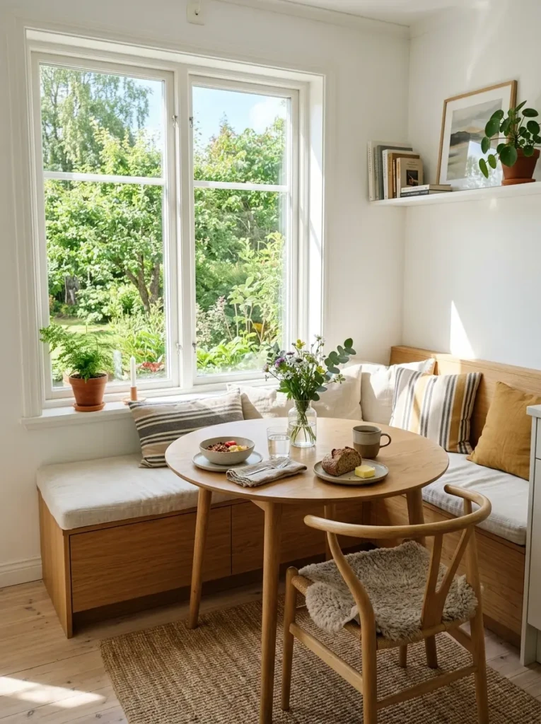 A bright dining nook placed near a large window with natural light and a fresh, airy atmosphere.