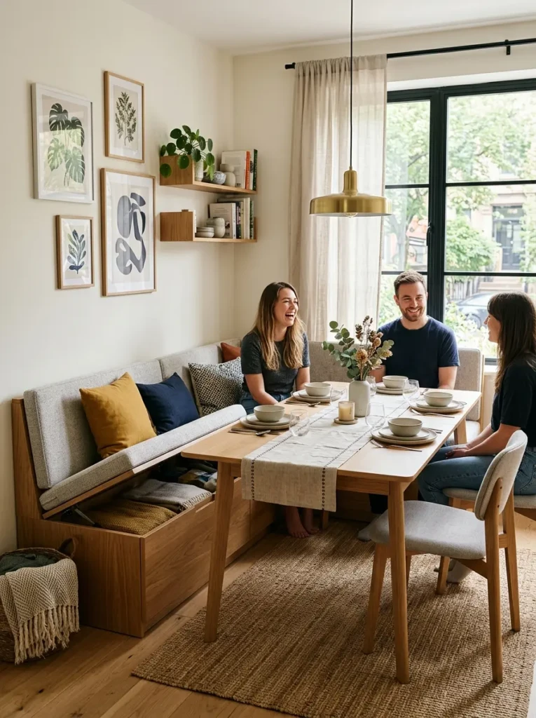 A dining nook with an extendable table and storage bench designed for versatility and efficiency.