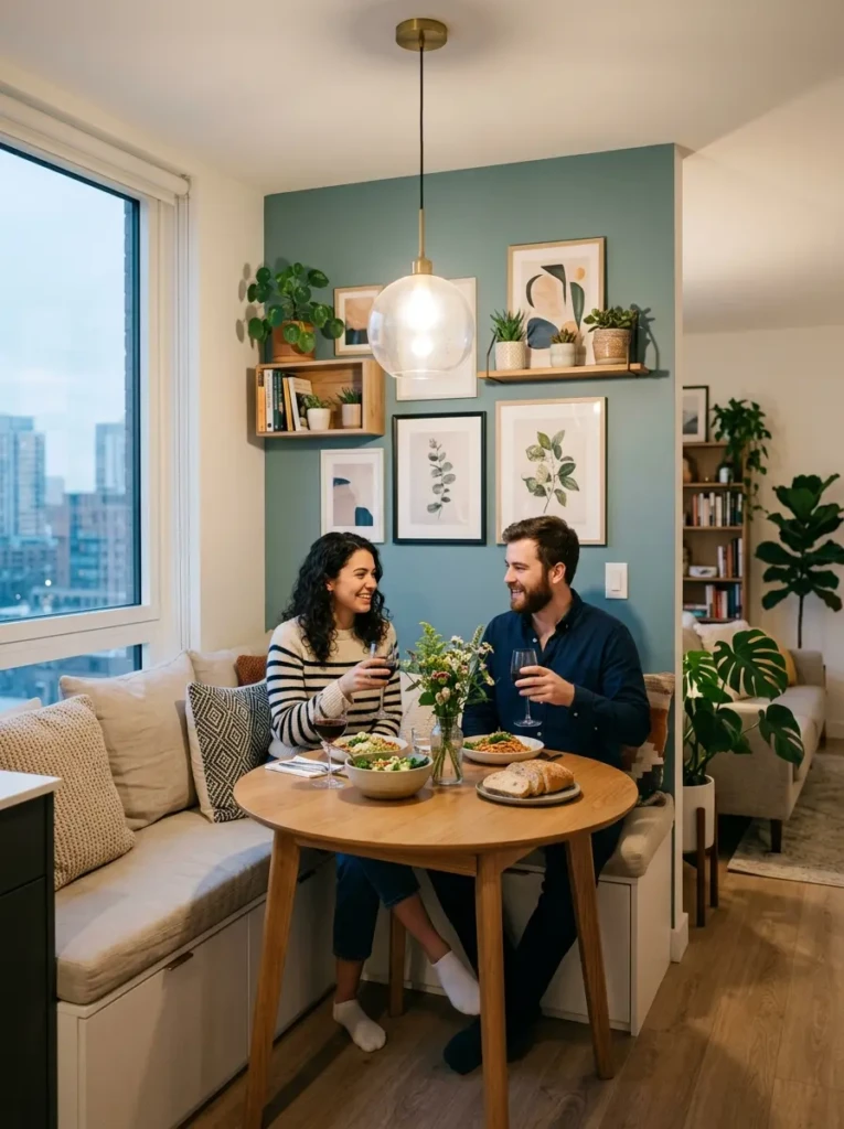 A stylish dining nook in a compact apartment showing a cozy and functional layout for everyday use.