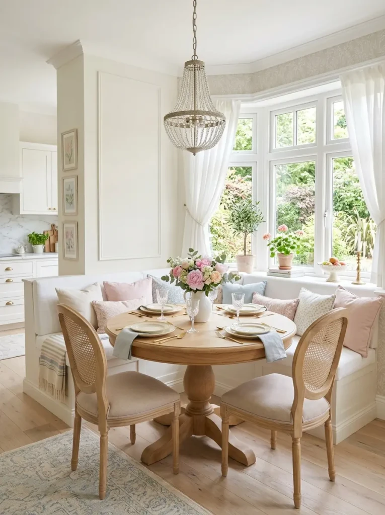 A dining nook with soft light colors and an airy feel, enhancing the sense of space and brightness.