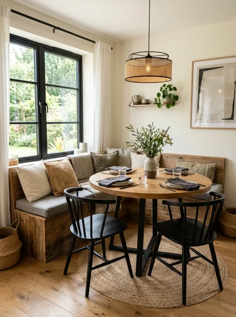 A modern dining nook featuring a mix of bench seating and black dining room chairs for contrast.