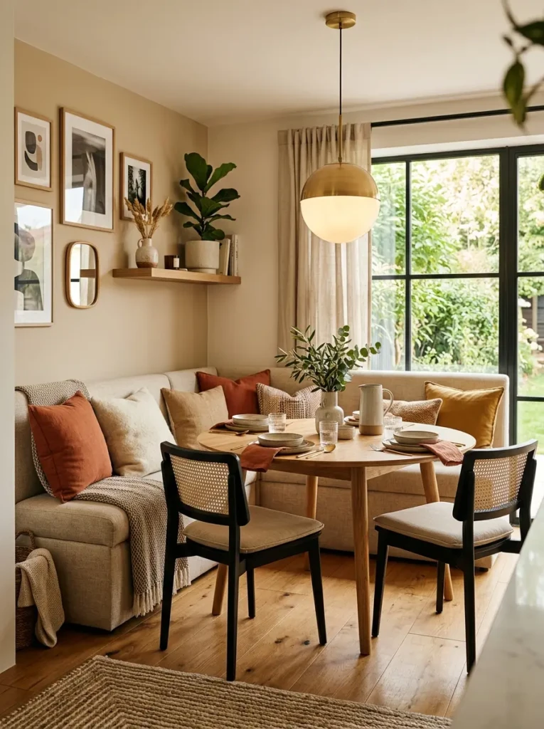 A beautifully designed dining nook combining comfort, style, and functionality in a cohesive layout.