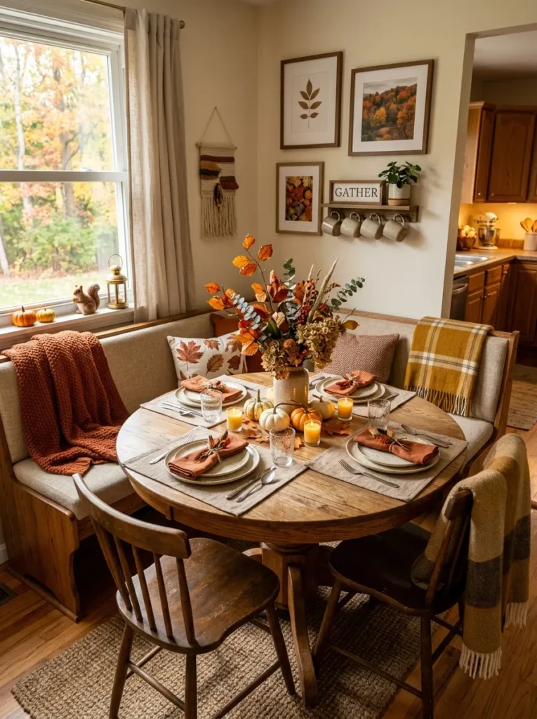 A dining nook styled with seasonal decorations such as flowers or autumn accents for a fresh look.