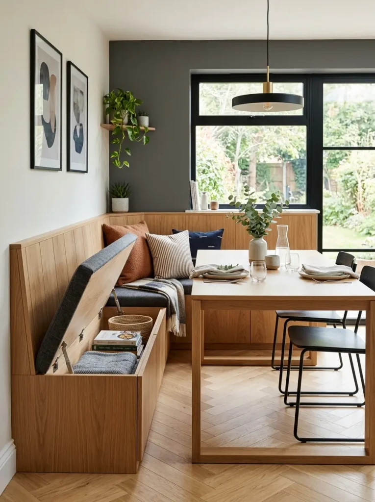 A dining nook with built-in bench seating featuring hidden storage compartments and a clean modern design.