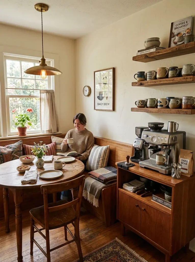 A dining nook featuring a stylish coffee bar setup with shelves, mugs, and a coffee machine.