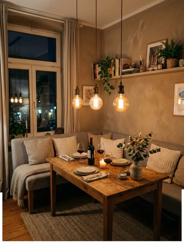 A dining nook illuminated by warm pendant lights creating a soft and intimate ambiance.