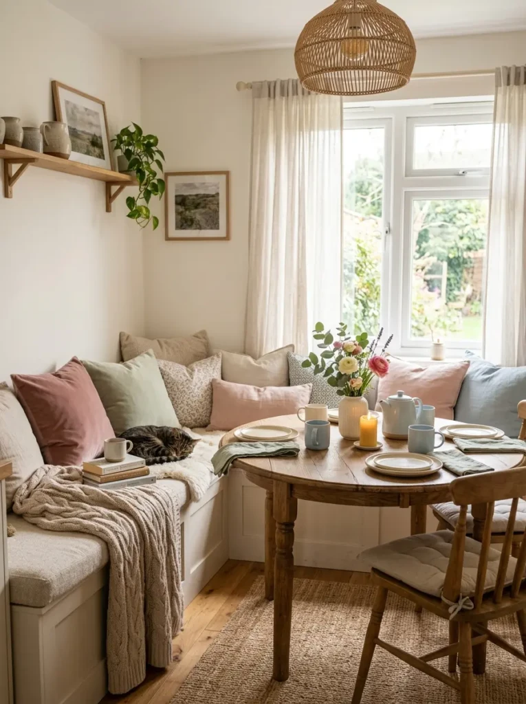A dining nook with plush cushions and soft textiles creating a cozy and inviting seating area.