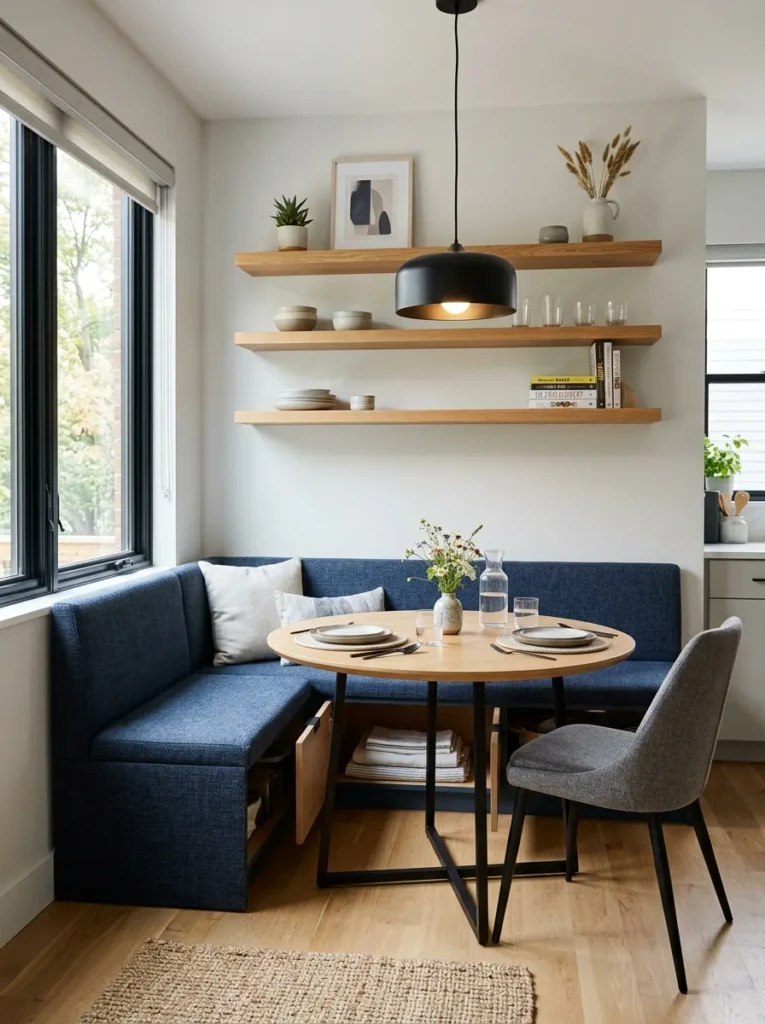 A compact dining nook with floating shelves and hidden storage solutions for a clutter-free look.